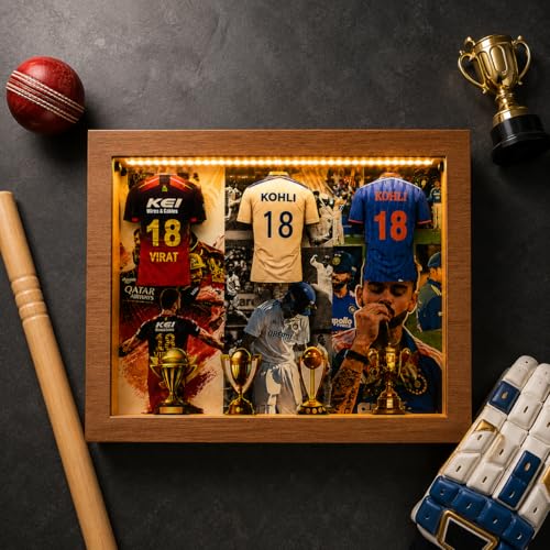 Image of #18 Cricket Jersey Shadow Box Frame with LED Light | RCB Cricket Fan Gift | Sports Display Box for Gaming Room & Bedroom Decor | Cricket Gifts for Men (Virat Kohli)