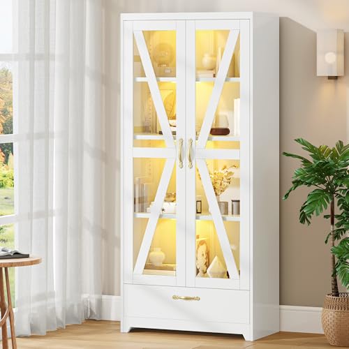 DWVO Display Cabinet with LED Lights, 61" Metal Display Case with Glass Barn Doors for Collectibles, Organizer Cabinet with 3 Adjustable Shelves and Drawer for Living Bedroom, Office, White