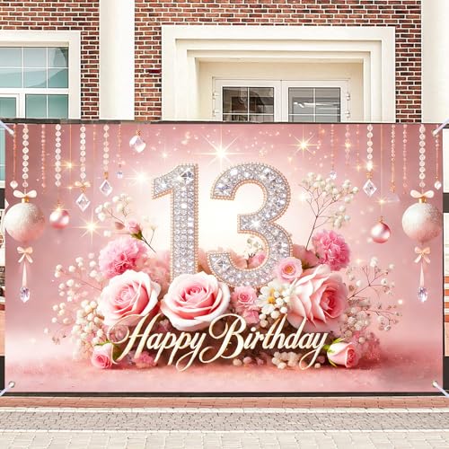 Image of Nuxovilar 13th Birthday Banner - Elegant Pink & Gold Floral Backdrop | with Glitter inch13 inch Sign, 71x43 Inch Large Party Decor for Women & Men, Reusable Indoor /Outdoor Hanging