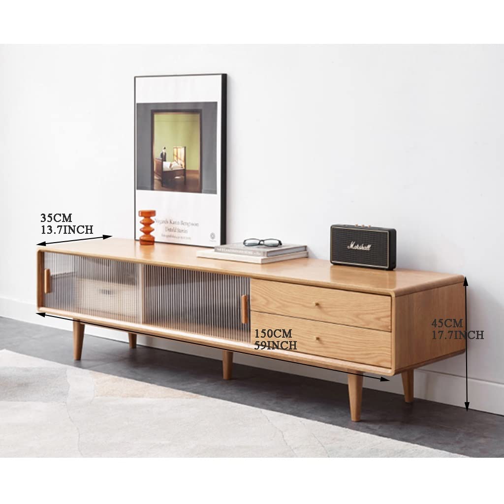 Wooden TV Cabinet, with 2 Drawers Retro TV Stand with 2 Sliding