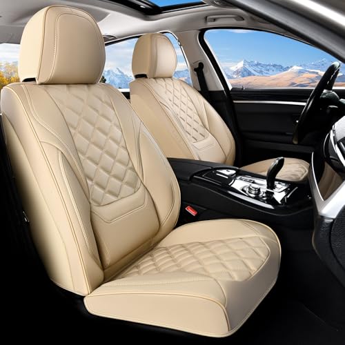 Image of Car Seat Covers, Luxury Leather Seat Cover for Cars, Front Seat Covers, Car Seats Protector Waterproof, Faux Leather Car Seat Cushions, Universal Automotive Seat Covers for Most Cars SUV Trucks, Beige