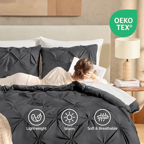 Image of Andency Oversized Queen Pinch Pleat Comforter Set (98 inchx98 inch),3 Piece Lightweight Pintuck Bedding Comforters & Sets, Fluffy Down Alternative Comforter with 2 Pillow Shams for All Season,White
