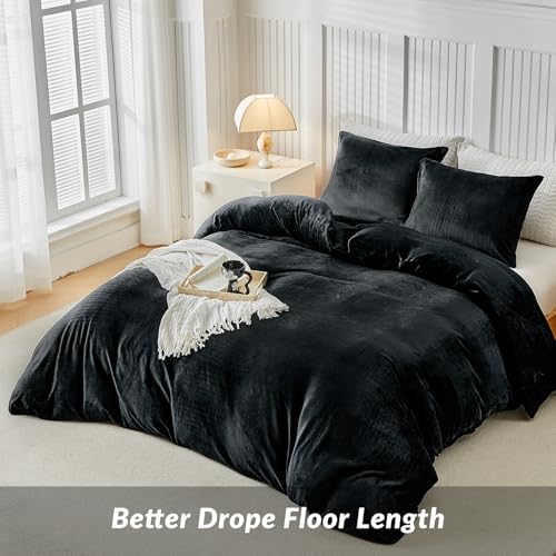 Image of WARMDERN Black Velvet Duvet Cover Set Oversized King Plus, Luxury Milk Velvet Bedding Duvet Cover with Zipper Closure, 3pcs Ultra Soft Duvet Covers for All Seasons, 128 inch x 120 inch, Black
