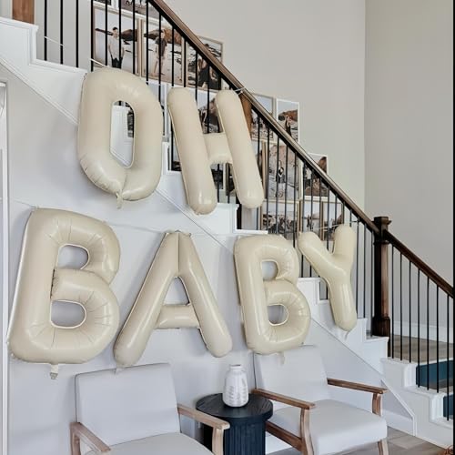 Image of 40 Inch Beige OH BABY Balloon for Baby Shower, Large Cream White Oh Baby Balloons Letters with Ribbon, Neutral Ivory Alphabet Oh Baby Balloon Banner Sign for Gender Reveal Backdrop Party Decorations
