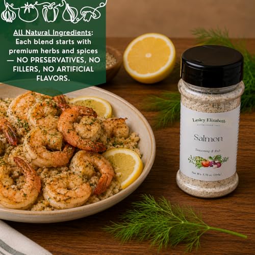 Image of Lesley Elizabeth Salmon Seasoning & Rub - Gourmet Seafood Spice Blend for Grilled, Baked & Pan-Seared Salmon, Trout & Fish - Lemon, Dill & Garlic Flavor - All-Natural, Small Batch, 8.4 oz