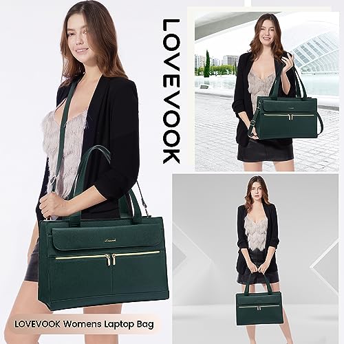 Image of LOVEVOOK Laptop Bag for Women 15.6 Inch Tote Work Professional Leather Computer Briefcase Waterproof Handbag Shoulder Large Capacity Business Teacher Office Crossbody Purse, 131# Dark Green