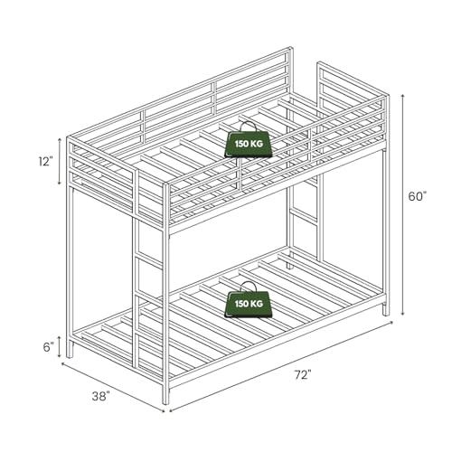 Image of Metal Bunk Bed for Adults and Kids, Sturdy Steel Frame with Guard Rails (3 X 6 Ft) | Blue Finish | Space Saving Design | DIY Assembly for Home and Bedroom
