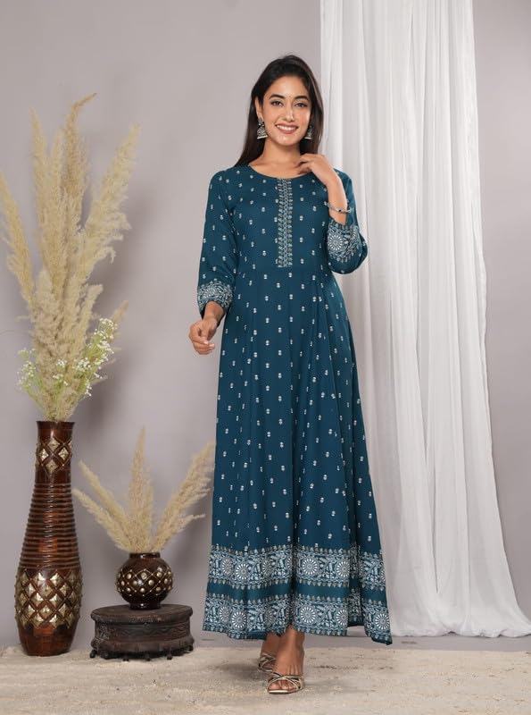 Image of Women's Printed Maxi Dress with Border, 3 /4 Sleeves, Ethnic Style KJ6