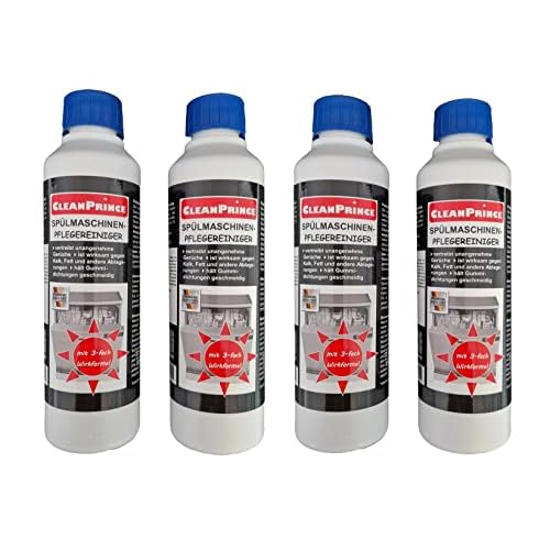 4 x 250 ml = 1 Liter für 4 Anwendungen Geschirrspülmaschinenreiniger von CleanPrince Spülmaschinen Reiniger à 250 ml gegen Kalk Fett Gerüche Pflegereiniger Dichtungen Gummidichtungen geschmeidig machen erhalten Werterhalt Spülmaschinenpflege Spülmaschinenpflegereiniger Pflegereiniger Reiniger Geschirrspülmaschine Geschirrspülreiniger Geschirrspülmaschinenreinigungsmittel