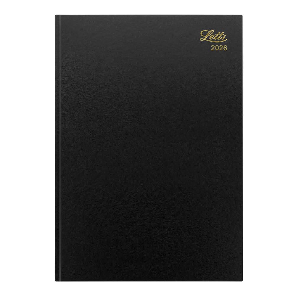 LETTS Agenda giornaliera standard A4, senza tempo, rilegatura perfetta, copertina rigida effetto pelle, inglese, nero