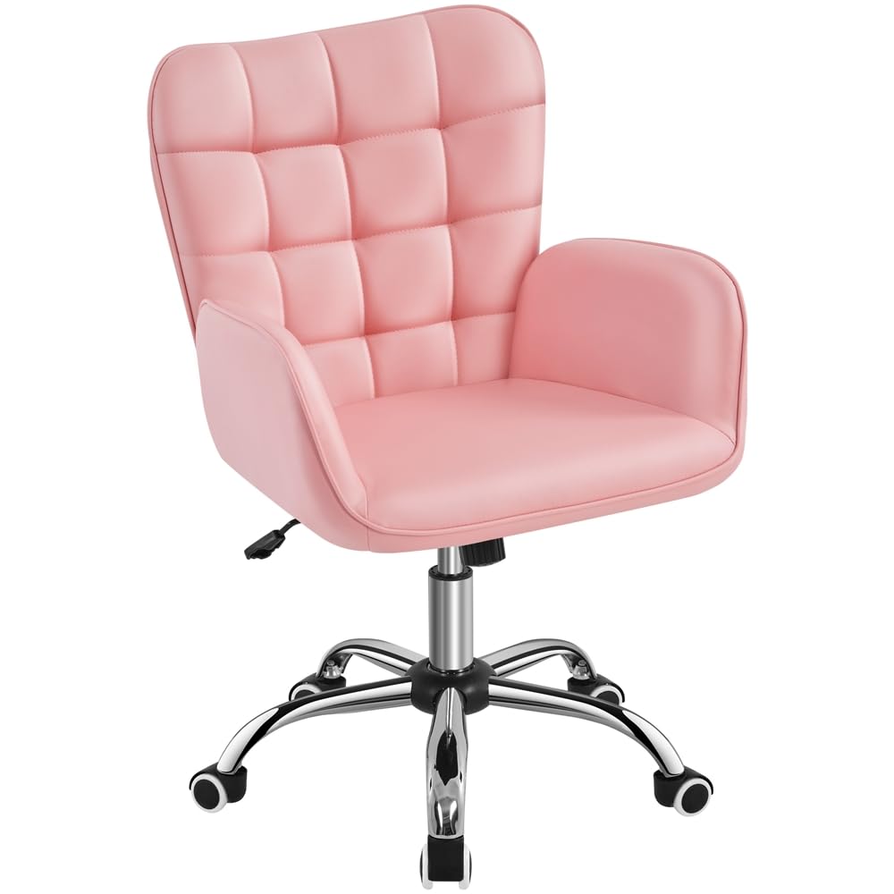 Yaheetech Silla de Oficina Ergonómica Reclinable con Ruedas Giratorias de 360° Silla de Ordenador Ajustable con Asiento Acolchado Silla de Escritorio con Función de Balanceo Carga 136 KG Rosa
