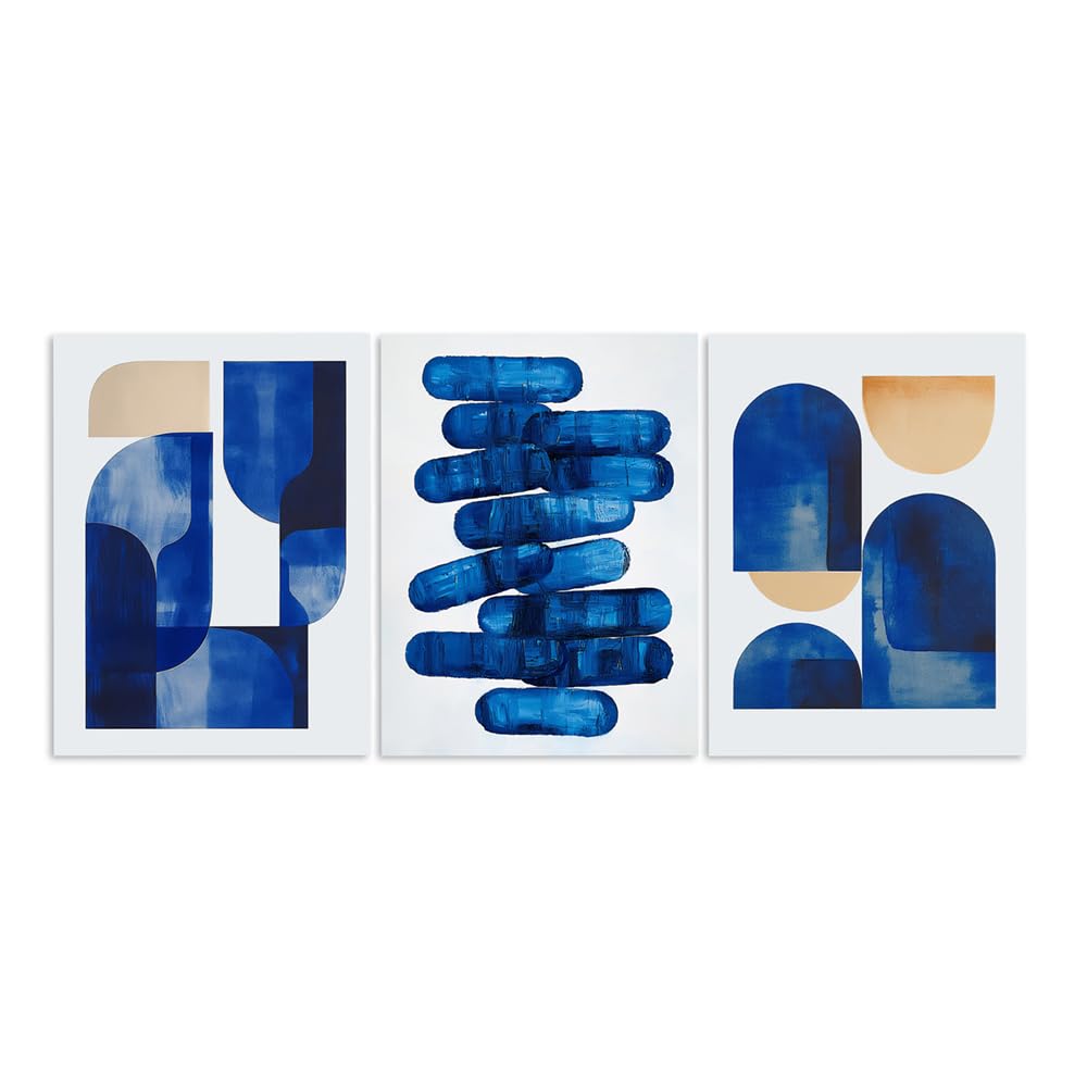 Blue Abstract Canvas Wall Art Print: Set of 3 Blue and Beige Geometric Abstract Pictures - Modern Minimalist Canvas Prints for Contemporary Living Room Bedroom Office Framed Ready to Hang 12"x16"x3 Panels
