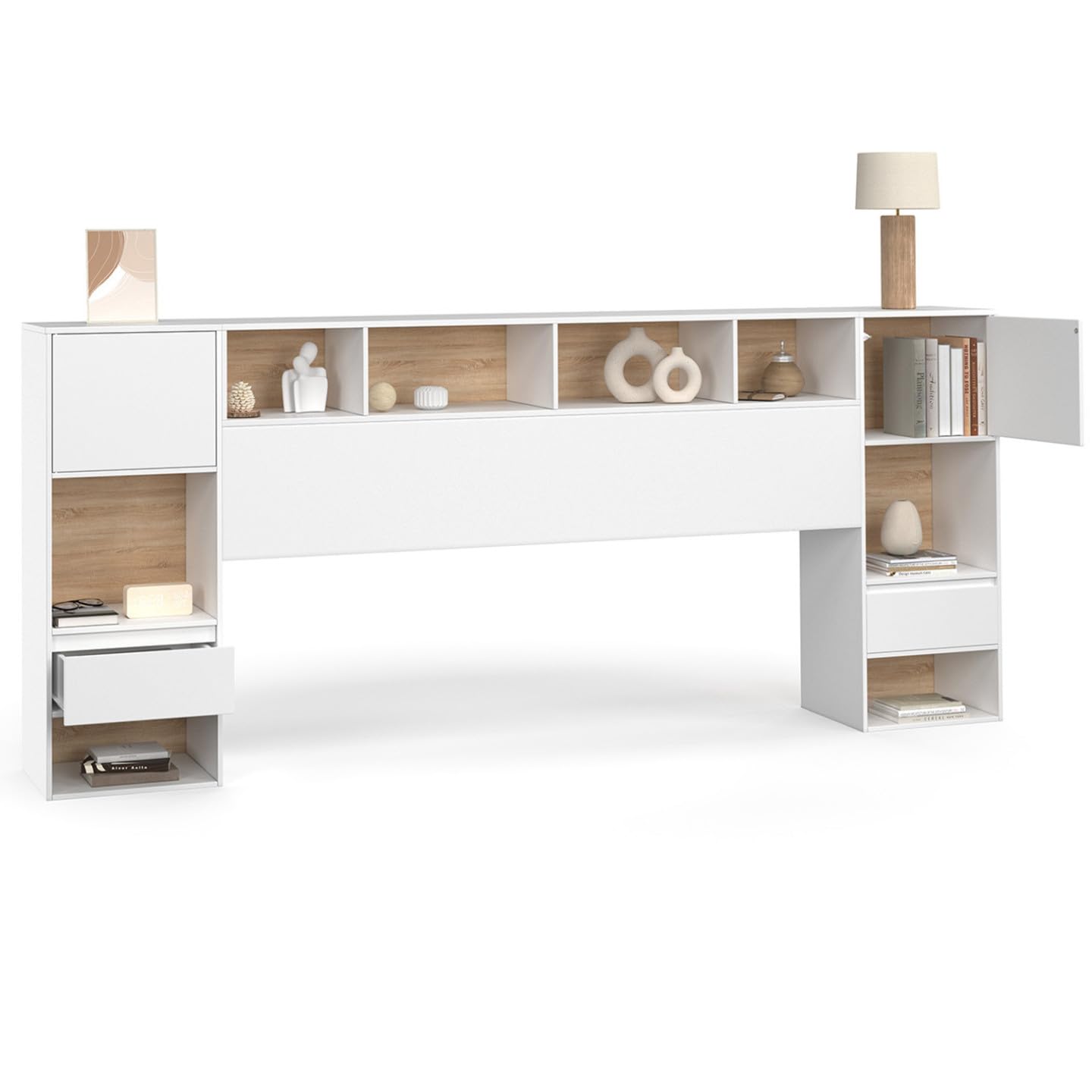 IDMarket Campha Cabecero de cama independiente de 240 cm con mesitas de noche de madera y blanco + cajones + nichos