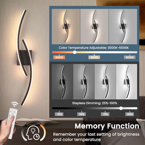 Image of Battery Operated Wall Sconce Set of 2,Black Wall Sconces with Remote Control,3000K-6000K Modern LED Wireless Wall Light for Living Room, Hallway, Bedroom, 31.89 Inch (2 Pack)
