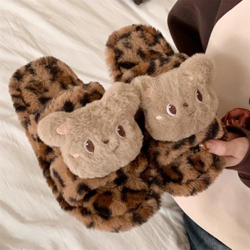 Women's Winter Slippers with Cute Plush Bear Leopard Print, Fuzzy Warm House Shoes Gifts for Her4