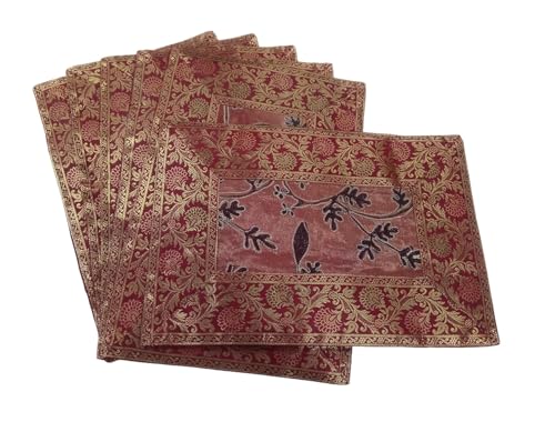 Image of Brocade Silk Placemats for Dinning Table 12 x 18 Inches Hand Embroidered, Set of 6 Decorative Placemats for Home (Maroon)