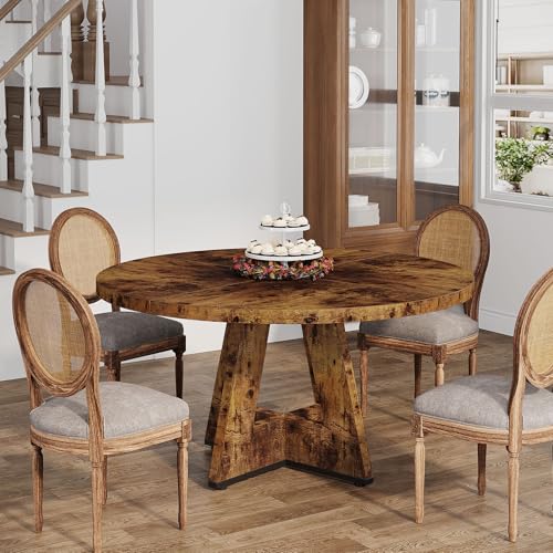 Image of Tribesigns 47 inch Round Dining Table Wood Kitchen Table for Dining Room, 47 inch Dinner Room Tables for 4-6, Farmhouse Accent Furniture with Wooden Tabletop and Cross Base, Vintage
