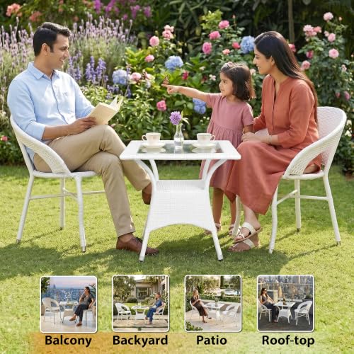 Image of BRISHI 3-Piece Outdoor Rattan Wicker Patio Square Coffee Table Set | Garden Furniture for Balcony, Terrace, Poolside & Porch | Waterproof Bistro Sets for Home & Backyard (White)