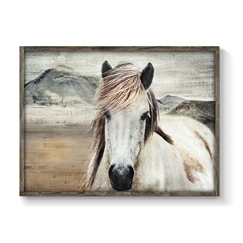 Horse Framed Picture Wall Art: Vintage Western Mountain Landscape Inspirational Animal Painting for Office or Living Room (16