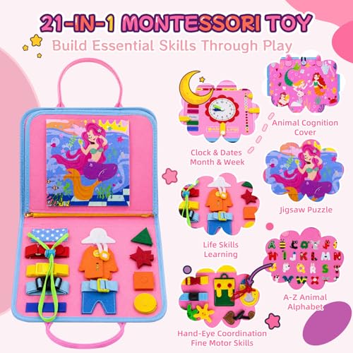 Image of Montessori Busy Board for Toddlers 1-3, 4 Pages 15+ Activities Sensory Toy, ABC Numbers Colors Learning, Toddler Quiet Book Travel Toy, Preschool Educational Gift for Boys Girls, Pink Mermaid