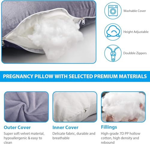 Image of Elover Pregnancy Pillow U-Shaped Full Body Maternity Support Pillow for Pregnant Women with Replaceable and Washable Cover Size 60 inch (Gray,Velvet)