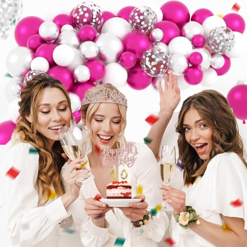 Image of Magenta Hot Pink Silver Balloons Garland Arch - Metallic Rose Red Silver White Balloon Fuchsia Pink Balloons for Weddings Anniversary Bachelorette Birthday Christmas Party Decorations