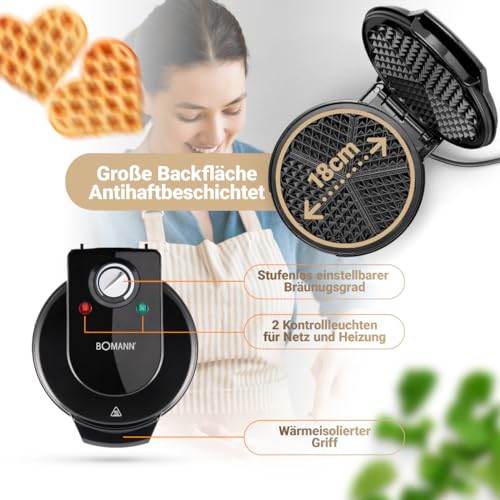 Bomann WA 5018 CB Waffelautomat, 1200 Watt, Stufenlos regelbarer Bräunungsgrad, Große Backflächen Ø 18 cm (antihaftbeschichtet), Schwarz - 7