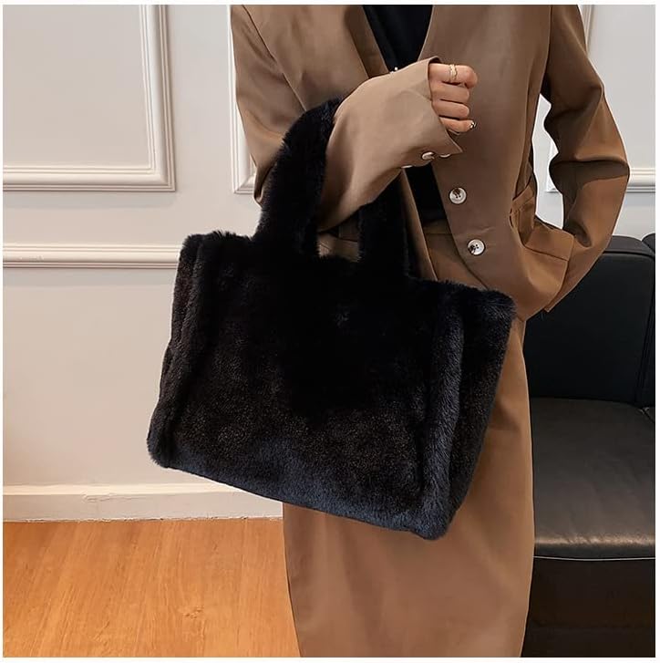 Tote Bag large Shoulder Bag Fleece Faux Fur Hobo Tote Bag Handbag Retro Bag Solid Color Big Purse - Image 3
