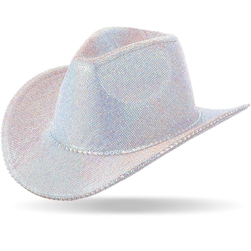 Image of Hercicy Rhinestone Cowboy Hat with Diamond Fringe CowHat for Cosplay Wedding circumference between 21.5 and 23.5 inches