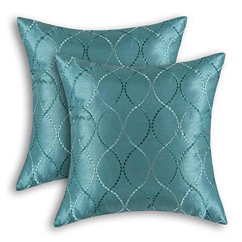 CaliTime Pack of 2 Cushion Covers Throw Pillow Cases Shells for Home Sofa Couch Modern Waves Lines Embroidered 18 X 18 Inches Teal