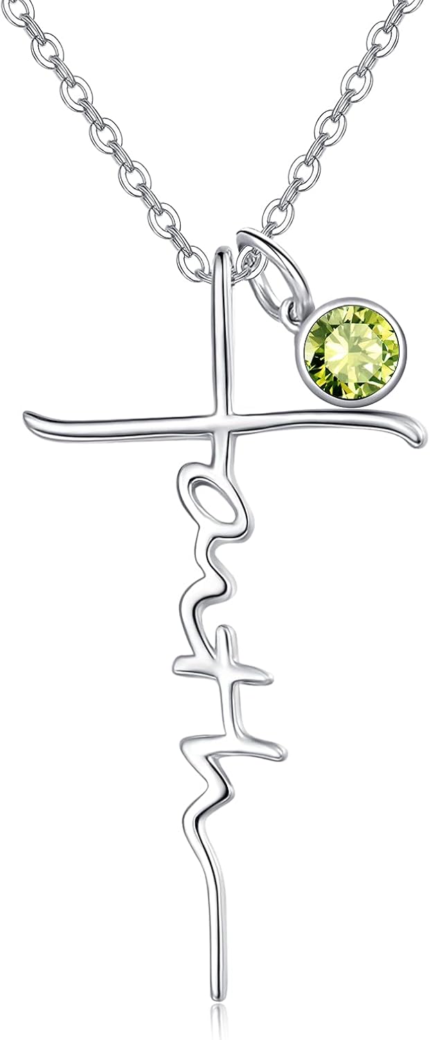 PRAYMOS Faith Cross Necklace for Women 925 Sterling Silver Pendant Necklace With Birthstone Initial Christian Religious Confirmation Baptism Christmas Gifts