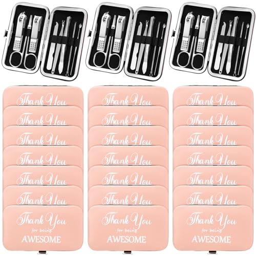 Therwen Juego de 24 juegos de manicura de regalo de agradecimiento, cortaúñas 8 en 1, kit de uñas de aseo profesional de acero inoxidable, herramienta de pedicura profesional con estuche para hombres