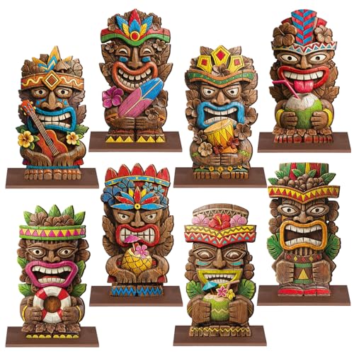 Amyhill 8 Pcs Hawaiian Luau Party Decorations Vintage Hawaiian Tiki Totem Table Decorations Luau Wooden Table Centerpiece Tropical Aloha Tabletop Signs for Summer Birthday Beach Pool Party Supplies