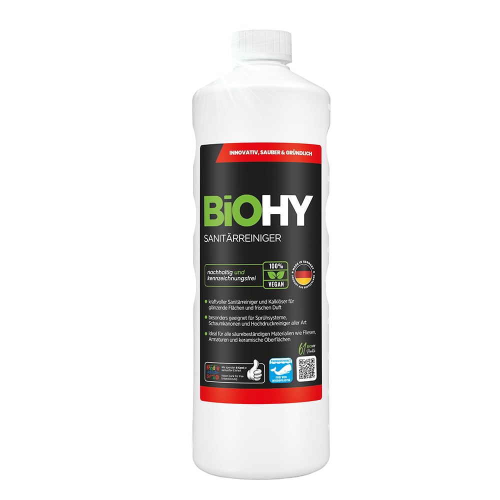 BiOHY Profi Sanitärreiniger Konzentrat (1l) - Bio-Kalklöser für Badezimmer & WC, Erdbeerduft, entfernt Kalk & Verschmutzungen effizient