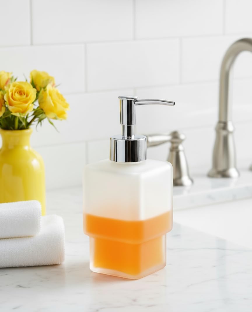 Frosted Glass Liquid Soap Dispenser with Chrome Finish Pump, Refillable Square Countertop Hand Wash Bottle for Bathroom, Kitchen & Wash Basin, 16 cm, White