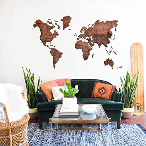 HANNUN Cuadro Mapamundi Idoko/Mapa del Mundo Cuadro de Madera Maciza Artesanal Fabricado a Mano, Color Oscuro 220x120cm