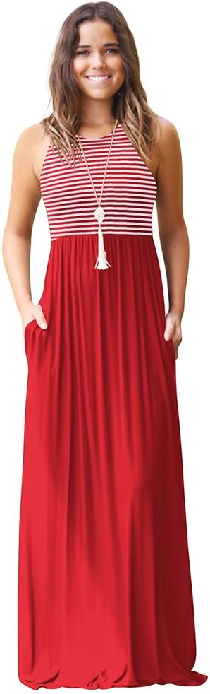 Women Casual Sleeveless Long Maxi Dress Stripe Tunic Pocket Swing Dress Red