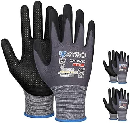 KAYGO Work Gloves MicroFoam Nitrile Coated KG19NB, Seamless Knit Nylon Safety Work Gloves with Micro Dots on palm, Ideal for General Purpose,Automotive,Home Improvement,Painting (3, Medium)