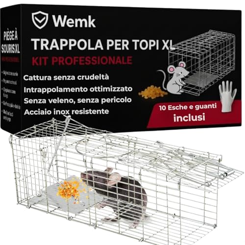WEMK Trappola per Topi XL Pieghevole - Gabbia Vivi Riutilizzabile - Kit Professionale con 10 Esche e Guanti - Cattura Senza Veleno - Acciaio Inox Sicura Bambini