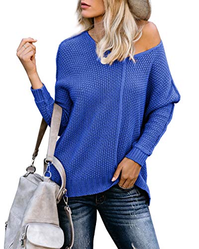 Albe Rita Women'sr Casual V Neck Long Sleeve Loose Oversized Knit Pullover Sweater Tops Blue XS