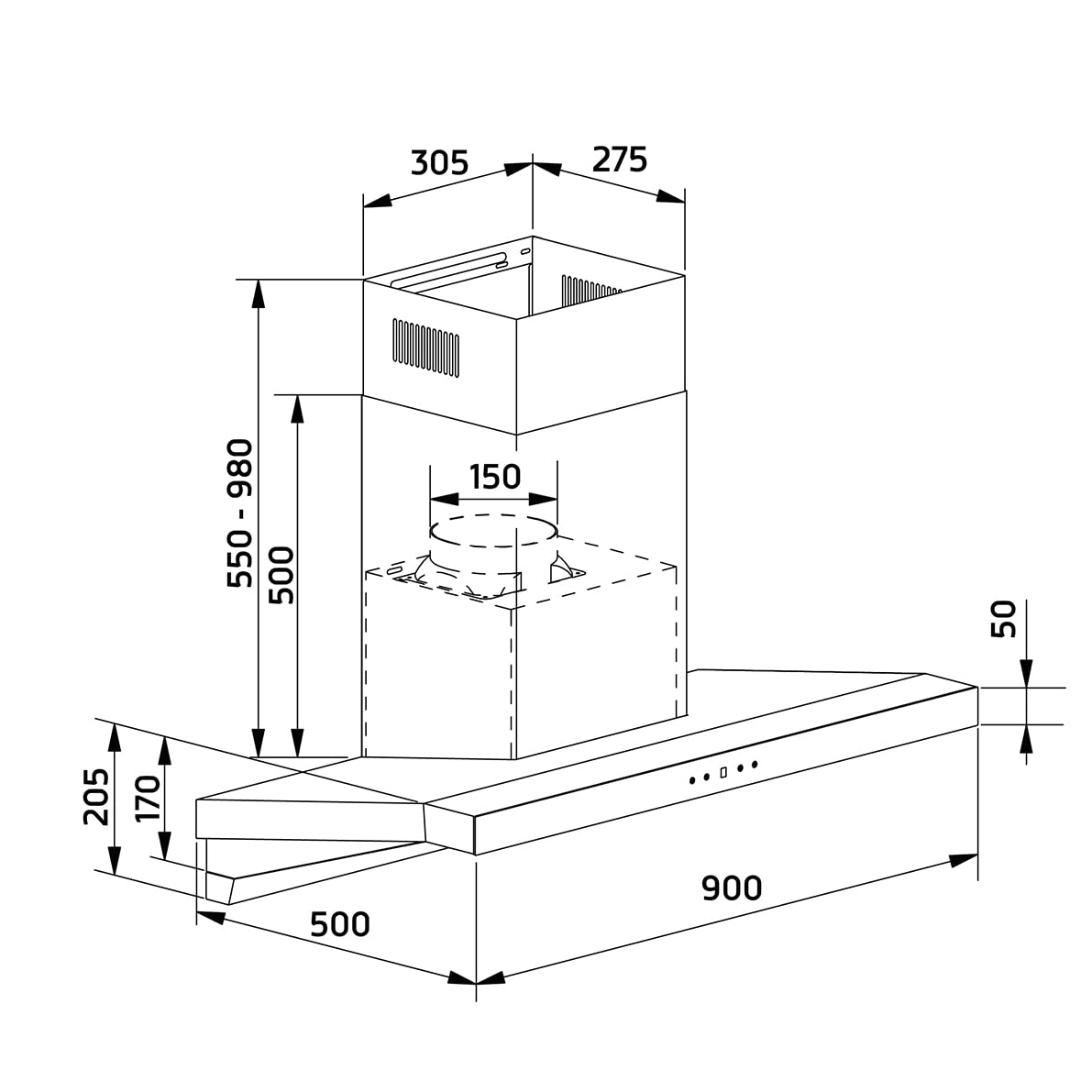 Orbegozo DS 63190 IN - Cappa aspirante 90 cm, Classe A, filtri in alluminio professionali staccabili, estrazione 636,2 m3/h, illuminazione a LED, 3 livelli di potenza