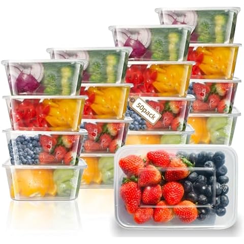 50pk 16oz 500ml Clear Disposable Food Container Box w/Lids To Go for Deli School Working, BPA Free Plastic Nut Food Meat Keeping, Dispensing Meal Prep Container Microwave Safe for Keto Lunch Snack Cover