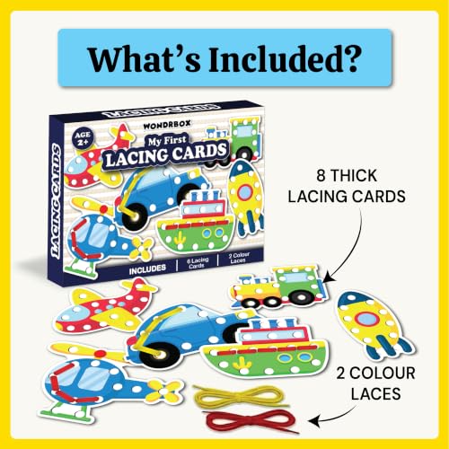 Image of WONDRBOX Montessori Transport Lacing Cards Activity Educational Toy for Kids Age 2 3 4 Year Old | Autistic, Occupational Therepaist Games | Includes 6 Thick Lacing Cards and 2 Laces