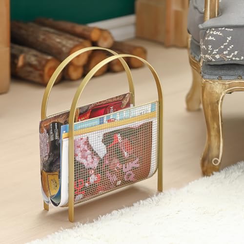 Gold Metal Magazine Rack, Floor Mesh Magazine Holder for Living Room Bathroom Office – Modern Storage Organizer for Newspapers Books & Mail, with Non-Scratch Foot Pads - Image 3