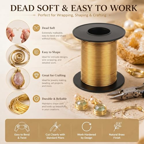 Image of Therwen 50ft 18 Gauge Brass Wire for Gardening, Electroculture, Bonsai, Jewelry Making Beading DIY Craft Pure Bare Brass Wire Spool