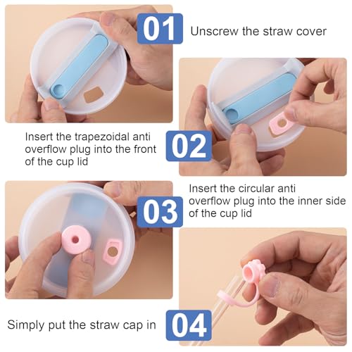 Image of HINZIC 3 Sets Spill Stoppers for 40oz Stanley Quencher H2.0, Pink Blue White Straw Cover Cap 10mm, Silicone Square Leak Proof Lid and Round Lid Spill Plug, Drinking Cup Accessories