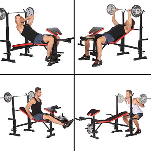 elifine Folding Adjustable Olympic Weight Bench Power Tower Workout Dip Station with Preacher Curl Leg Developer Multi-Functional Weight Bench Set for Indoor Gym Home Fitness Exercise (Black Red)