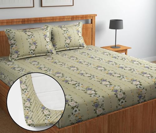 Image of Jashan Premium Cotton Elastic Fitted Bedsheets with 2 King Size Pillow Covers | Double Bed with All Around Elastic 220 TC Supersoft |Size-72 King Sizex78+10 inches | Leaf Print, Beige & Green