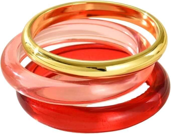 Transparent Resin Bangle Bracelets, 3 Pack Stackable Acrylic Clear Lucite Cuff Bangles, Gold Metal & Transparent Green Stacking Bracelet Set for Women Daily Jewelry