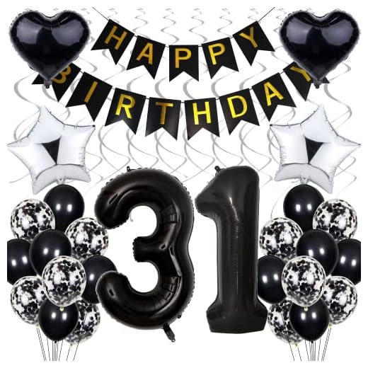 Globo 31 decoraciones de cumpleaños, cumpleaños negro 31 años hombres, decoraciones de fiesta en blanco y negro, 31 cumpleaños mujeres hombres, plata decoraciones de cumpleaños 31 años mujeres, 31 dec
